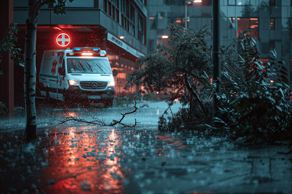 An ambulance and downed tree branches outside of a hospital during a severe storm
