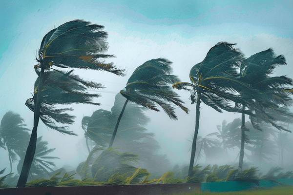 Palm trees blowing heavily due to high wind and rain