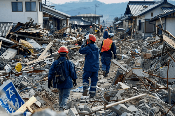 People in hard hats walk through rubble from an earthquake
