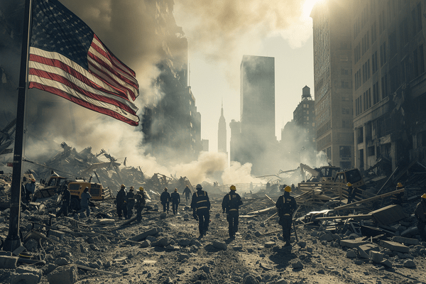 People in hardhats walk through smoking rubble in a city with the American flag waving nearby
