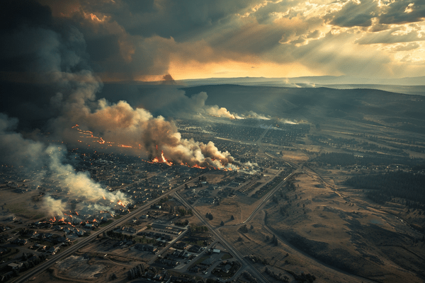A wildfire moves through a town and puts heavy smoke in the air
