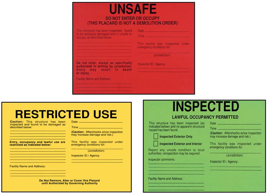 Inspection Placards Based on Applied Technology Council, ATC-20 Post Earthquake Safety Evaluation of Buildings