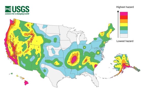 A map of the United States showing what areas have the highest hazard of seismic activity