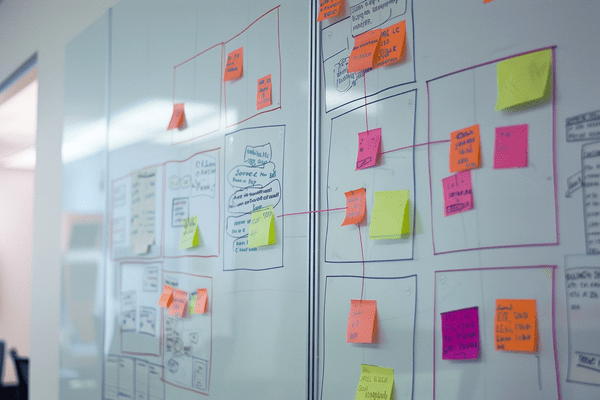 An office whiteboard covered in sticky notes and brainstorming