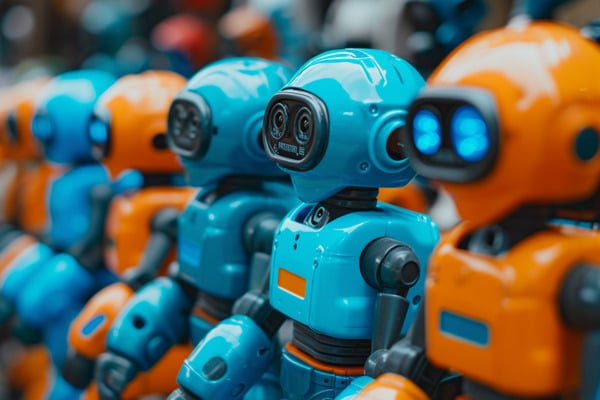Orange and blue robots in a line