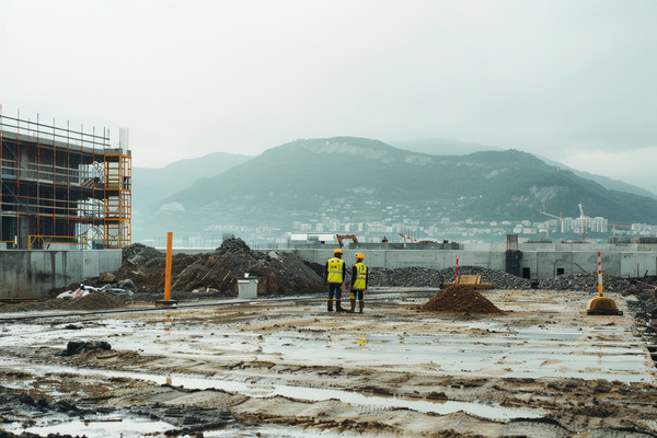 Two construction workers talking to each other on a jobsite looking out over hilly terrain