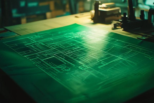 A green blueprint laid out on a desk