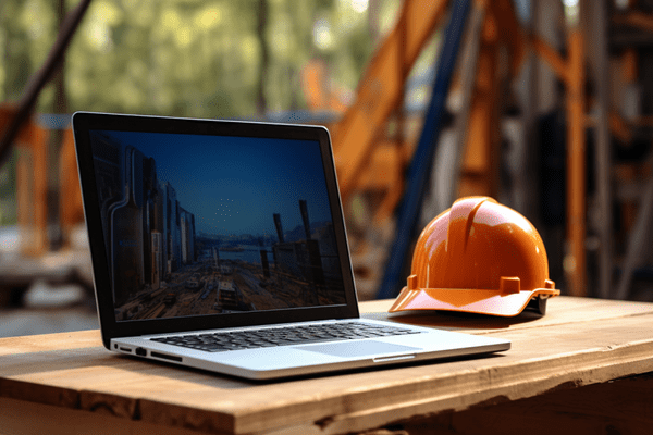 A laptop and orange hard hat sitting next to each other on a wooden table at a worksite