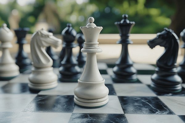 A close-up image of a chess board with both white and black chess pieces