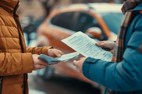 Two people exchange paperwork in front of a damaged car