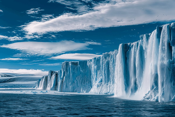 Global warming melting a glacier and causing waterfalls over the side of a glacier under a blue sky