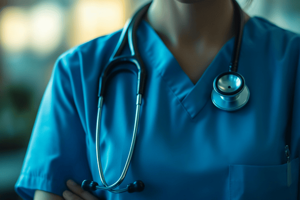 A close-up image of a stethoscope around a nurse's neck