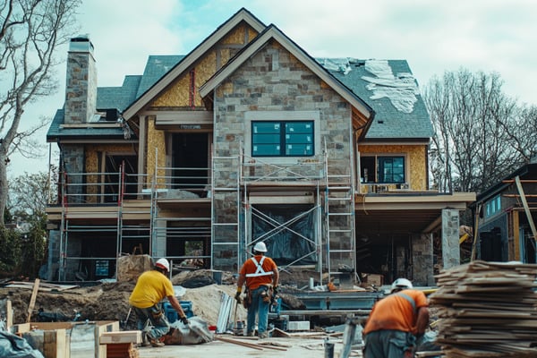 Several construction workers outside the front of a house under construction