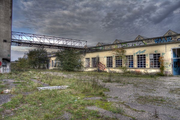 Brownfield site with an abandoned building