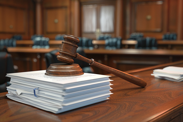 A wooden gavel resting atop a large stack of papers in a courtroom