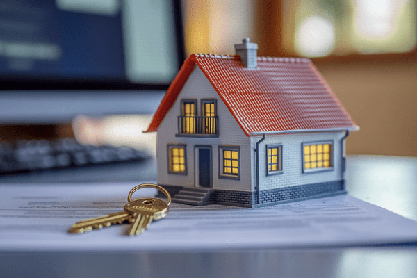 A small model home and house keys sit on top of paperwork on an office desk