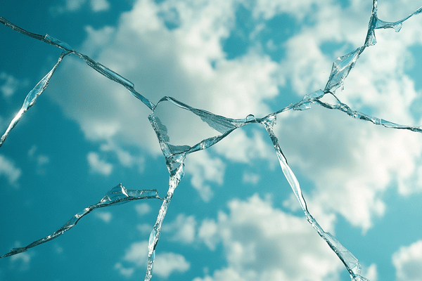 A large crack through clear glass with blue sky on the other side