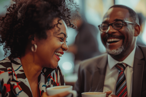 a businessman and businesswoman share a laugh over coffee at work