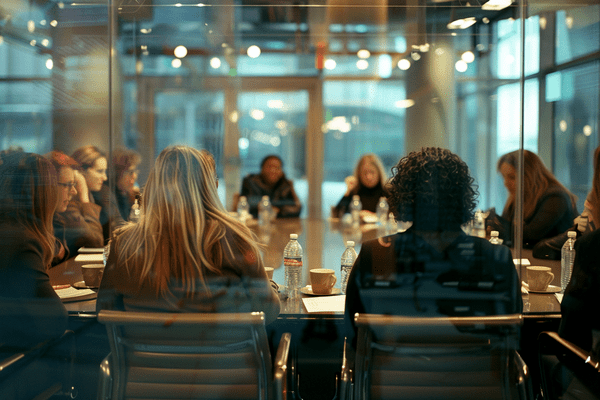 a large group of professional businesswomen meet in an office