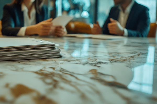 Two business professionals talking at an office table and reviewing paperwork