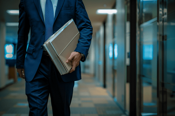 A businessman in a navy suit walks through the office carrying a stack of manila folders