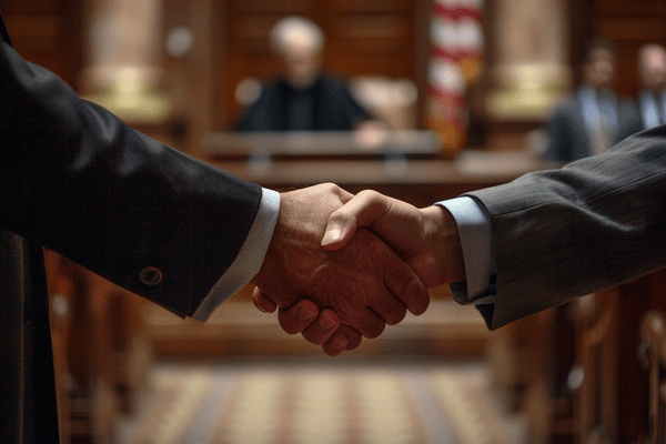 Two people shaking hands in a courtroom with a judge and American flag in the background