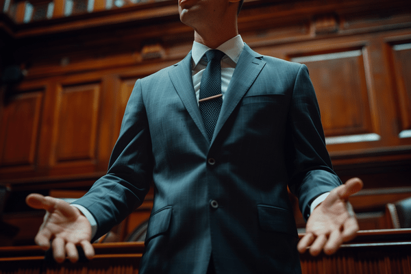 A man in a suit talks with his hands in a courtroom