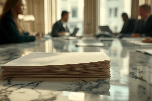 A stack of manila folders on a marble desk with professionals seated on both sides in the background