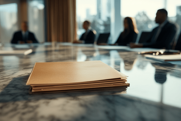 A stack of manila folders sit at a mediation desk with people sitting on both sides