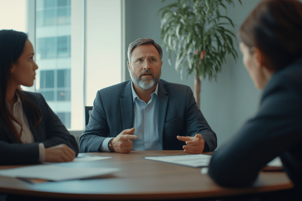 A mediator listens to two people in an office