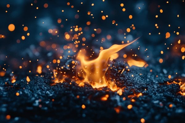 A close-up image of a flame on a charred surface