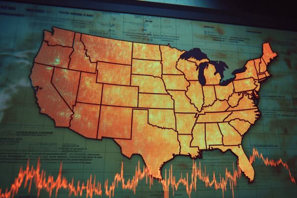 An orange map of the United States with a line graph across the bottom