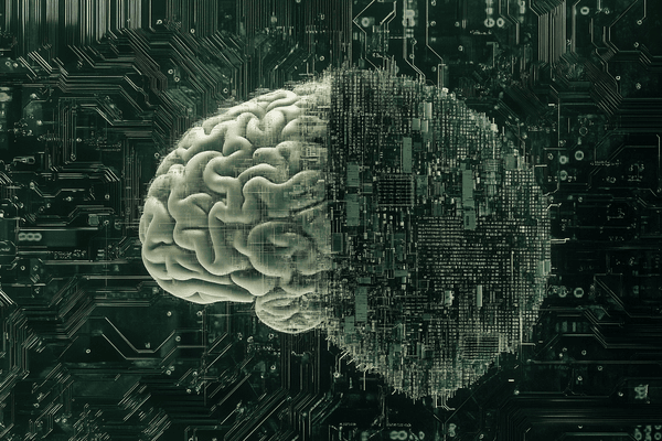 A black and white brain where the left looks realistic, and the right is built from circuit board pathways