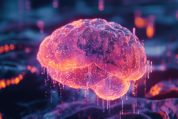 A bright orange, pink, and purple brain made from cyber code