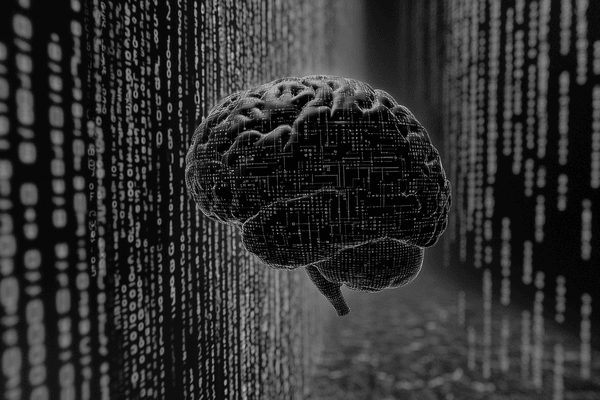 A black and white cyber brain in front of a vertical wall of binary code