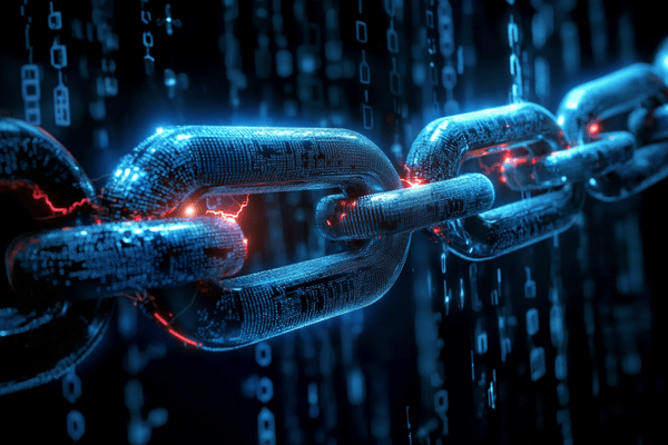 A blue cyber chain with small red light threats