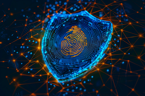 a blue cyber shield with an orange fingerprint on it in a web of nodes and connecting pathways