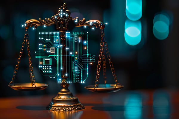 Legal scales resting on a wood surface, with a hologram of a circuit board in the background.