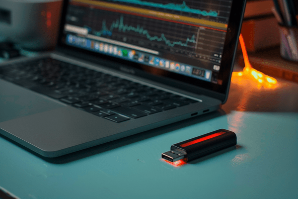 A laptop computer on a desk next to a USB drive that's glowing red