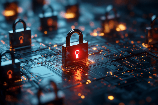 Multiple padlocks sitting on a circuit board with one padlock flowing red