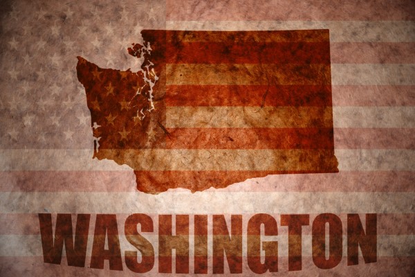 Washington state map on top of American flag 