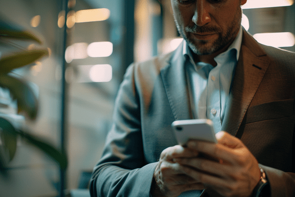 A businessman texting on his cell phone while in the office