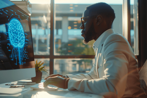 A businessman works on an office computer with a cyber brain on the monitor