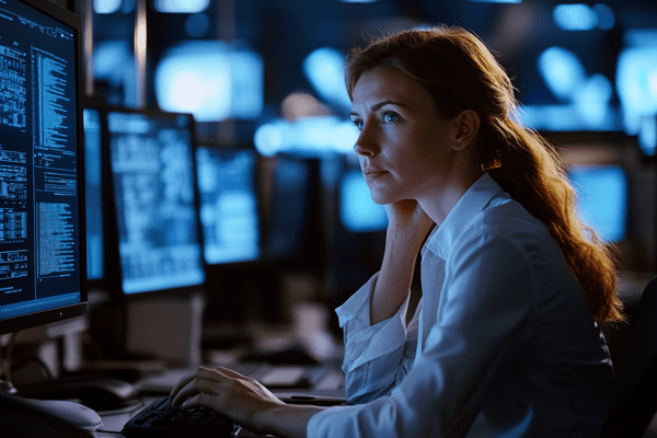 A businesswoman looks at computer code in a security office