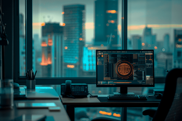 An office with a computer on the desk and a city view