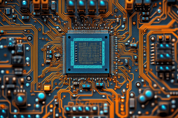 A blue microchip with orange pathways spreading from it