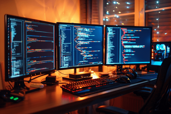 Three computer monitors on a desk in a home office