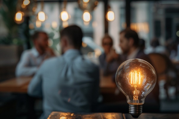 A glowing light bulb with a table of business professionals talking in the background