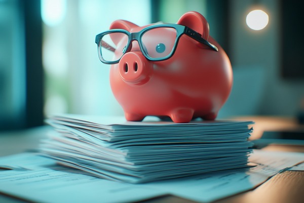 A piggy bank wearing glasses sits on top of a stack of papers on an office desk