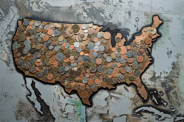 A map of the United States covered in coins